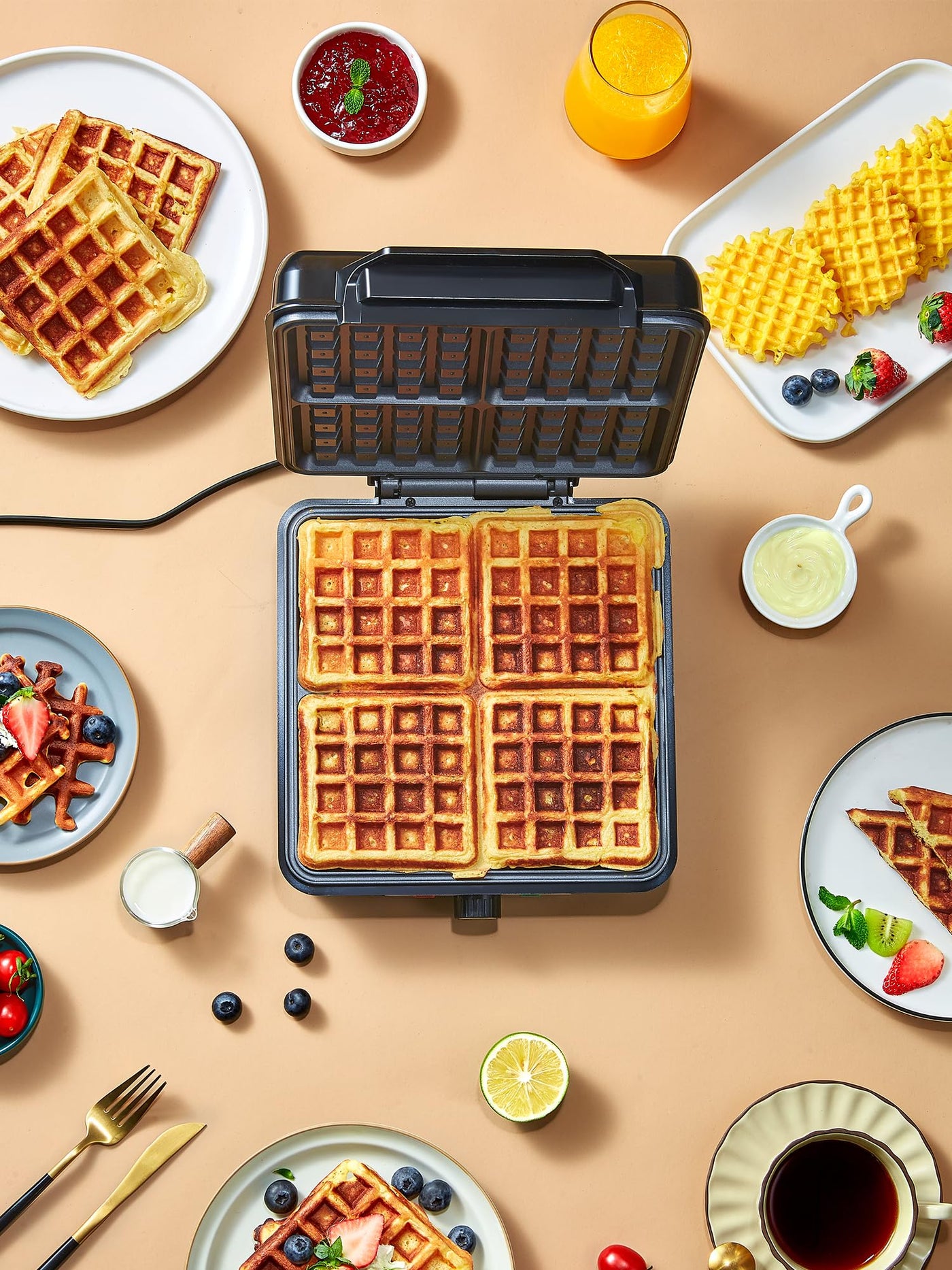 Reemix Waffeleisen für 4 belgische Waffeln, 1200 W Waffel Elektrisch mit Antihaftbeschichtete Platten, Einstellbare Temperatur und Leichte Reinigung, Edelstahl