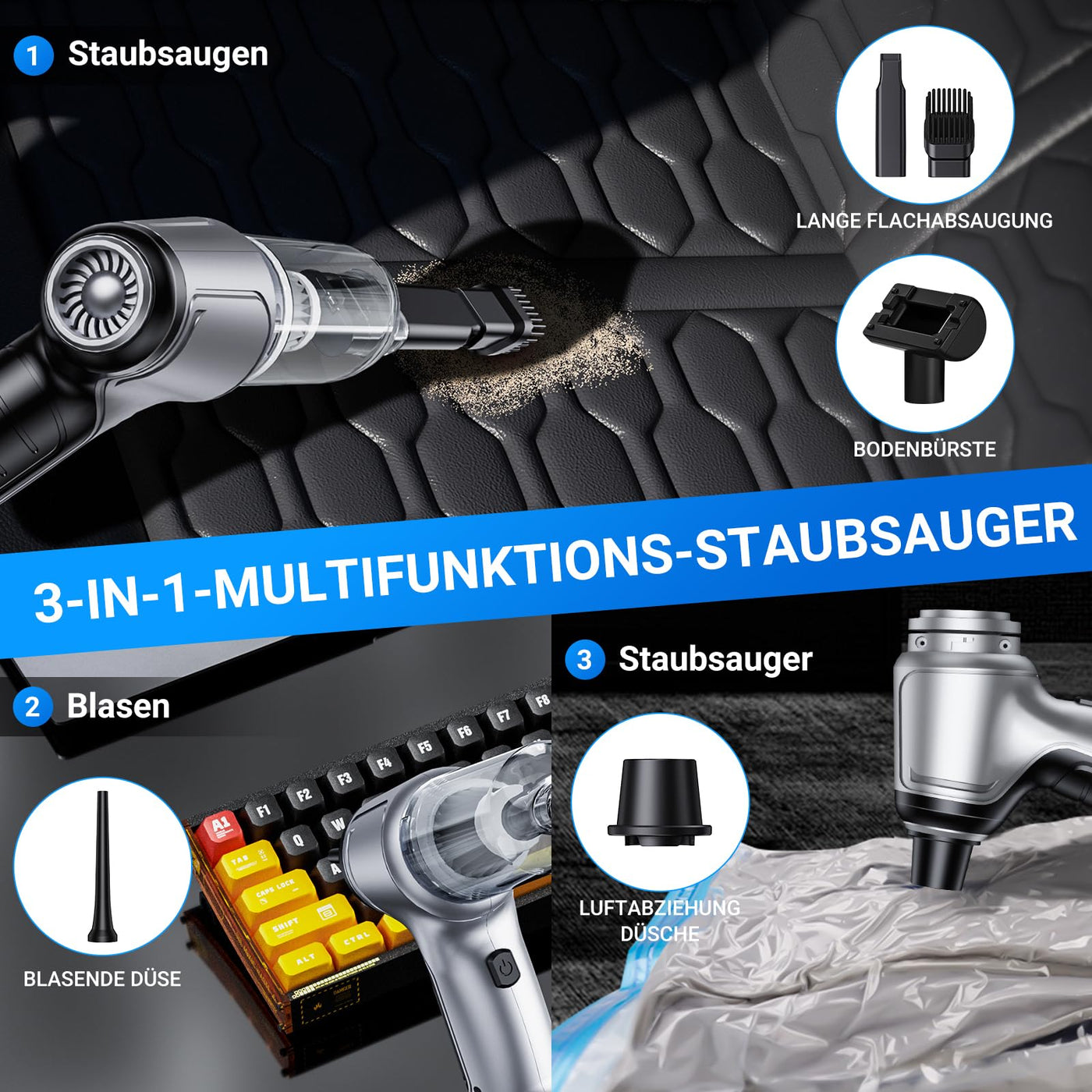 NVKHG Handstaubsauger Akku, 18000Pa Typ-C Aufladbar Tragbar Leicht Mini Staubsauger, 3 in 1 Autostaubsauger mit Bürstenloser Motor Mini Staubsauger für den Auto, Haus, Küche, Tierhaare