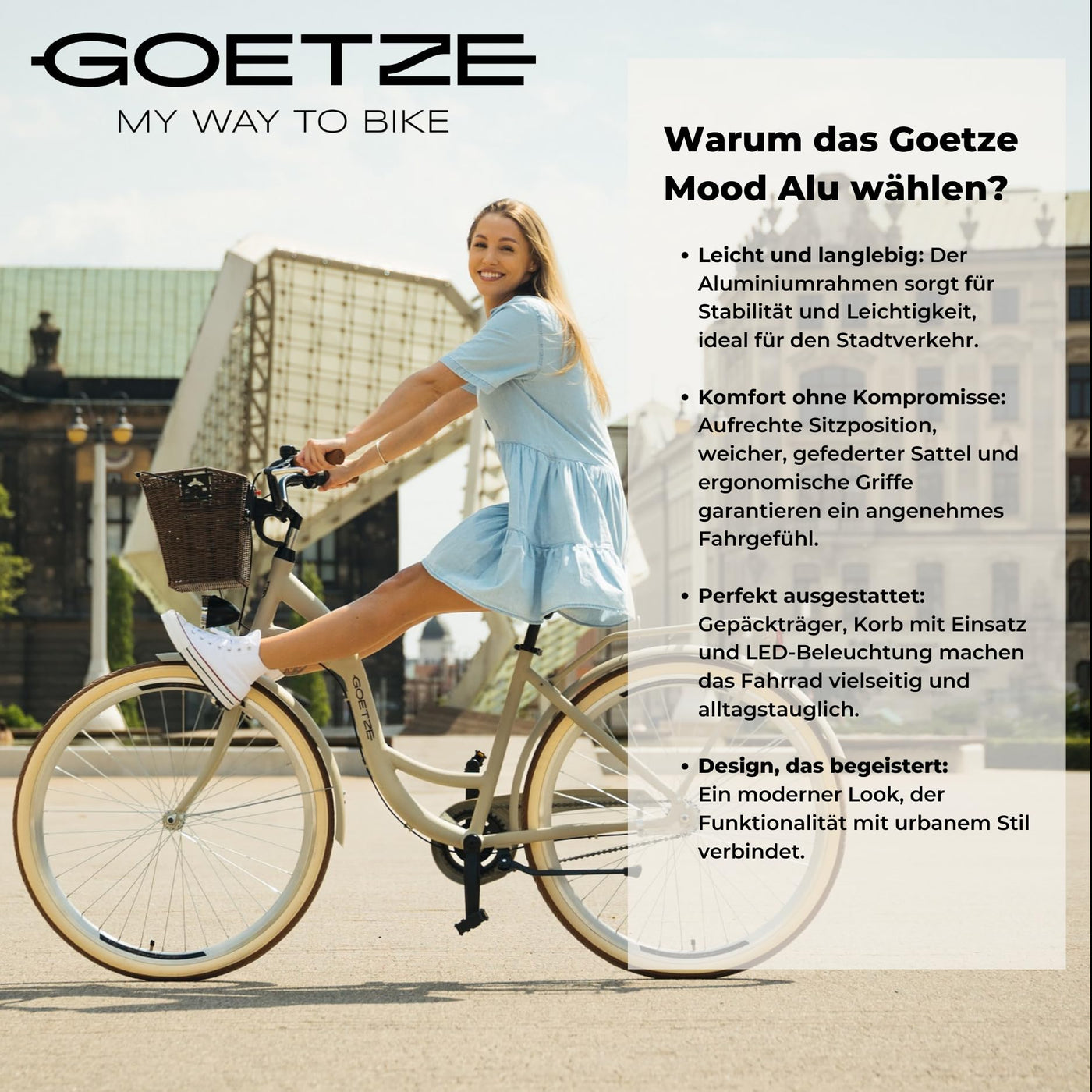 Goetze Mood 26 Zoll Damen Citybike, 17 Zoll Tiefeinsteiger Rahmen, 6-Gang Kettenschaltung, V-Bremse, LED-Beleuchtung, Gepäckträger, Komfortsattel, Schutzbleche, Rattankorb mit Stoffeinsatz!