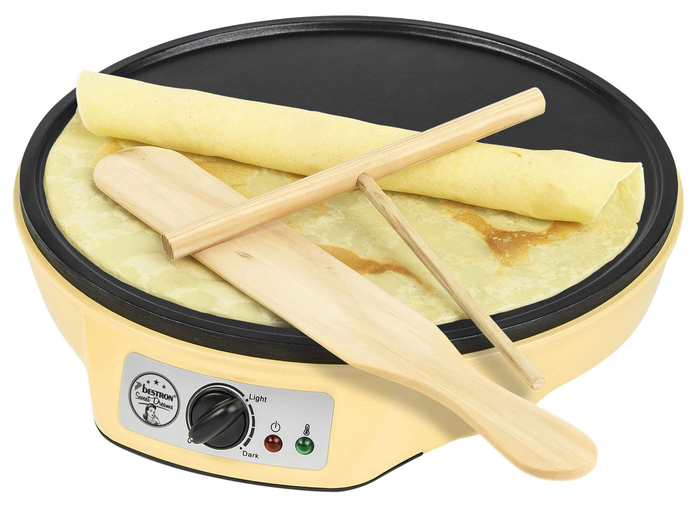 Bestron Crêpes Maker im Retro Design, für Crepes mit Ø 30 cm, inkl. Teigverteiler & Crêpes-Wender, mit Antihaftbeschichtung, 1000 Watt, Farbe: Gelb