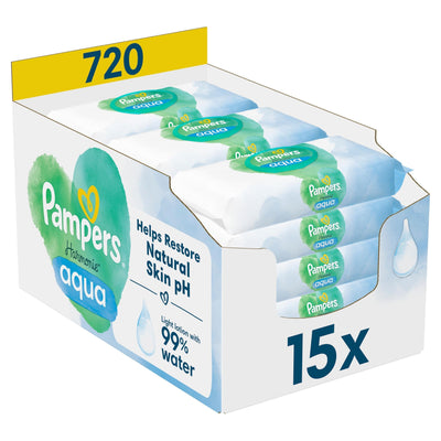 Pampers Harmonie Aqua Feuchttücher 15 Packungen mit jeweils 48 Feuchttüchern - 720 Feuchttücher, die helfen, den natürlichen pH-Wert der Haut wiederherzustellen, leichte Lotion mit 99% Wasser