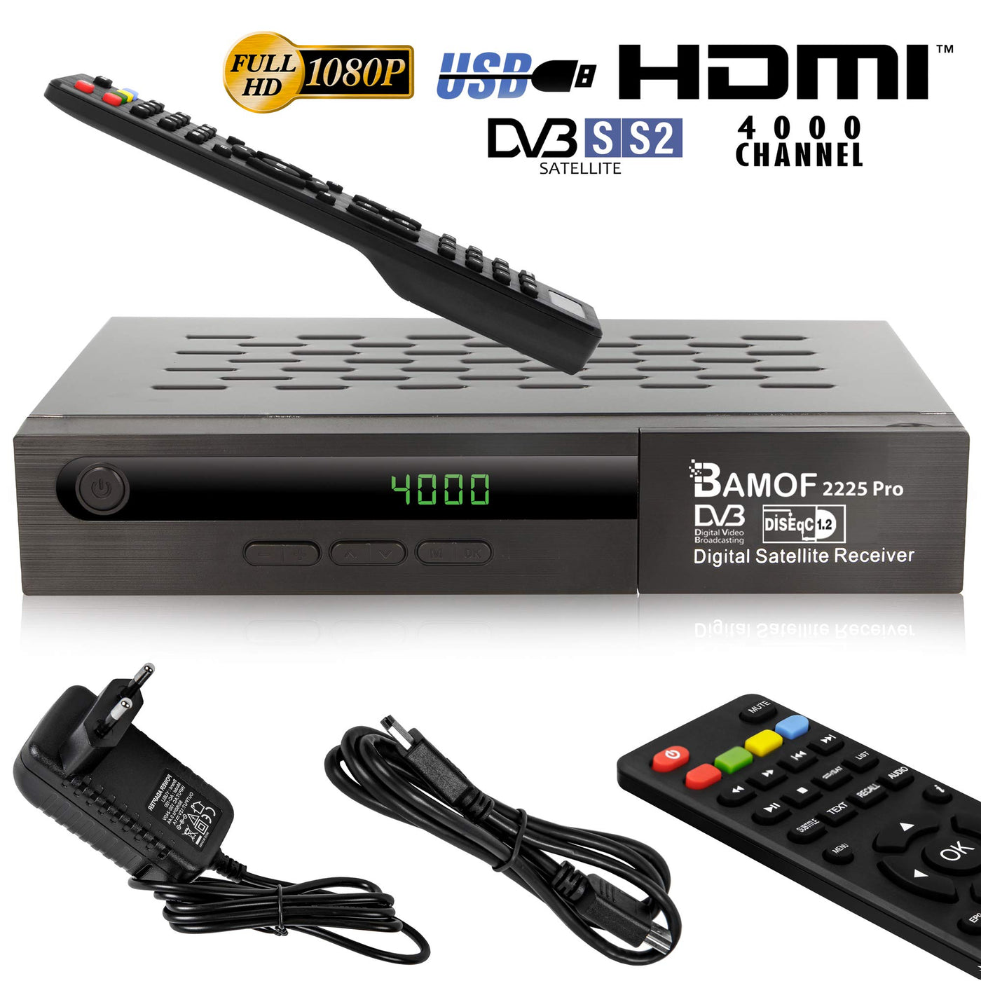 Récepteur satellite numérique Bamof 2225 PRO (HDTV, DVB-S/DVB-S2, HDMI, SCART, 2X USB, Full HD 1080p) [Préprogrammé pour Astra, Hotbird et Türksat] + câble HDMI