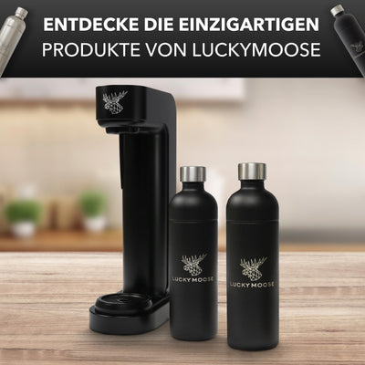 Luckymoose® Infinity Wassersprudler mit 2x 1,25L Edelstahlflaschen - Spart bis zu 25% CO2 dank Stopp-Automatik - Flaschen spülmaschinenfest & ohne Ablaufdatum (2x Schwarz)