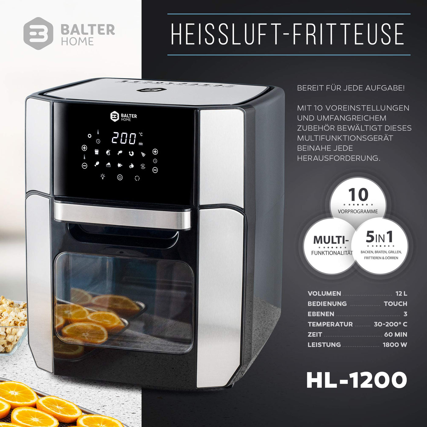 Balter Heißluftfritteuse HL-1200, Friteuse, 12 Liter, Mini Backofen, Dörrautomat Funktion, LCD Display, 10 Programme, inkl. Rezeptheft und Zubehör