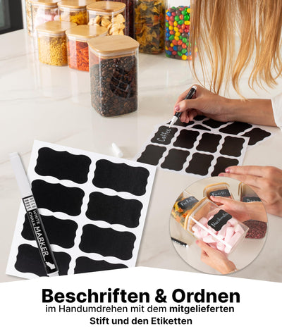 Deco haus® Vorratsgläser mit Deckel 4er Set + Etiketten [LUFTDICHT] - Für Müsli, Cornflakes, Spaghetti - Vorratsdosen Glas - Aufbewahrungsbox Küche - Aufbewahrungsglas 4x1600ml