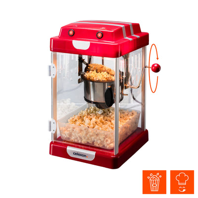 celexon CinePop CP1000 Popcorn-Maschine - 24,5x28x43cm - Rot-Retro/Kino-Design- Edelstahlkessel - Popcorn-Maker mit integriertem Rührwerk