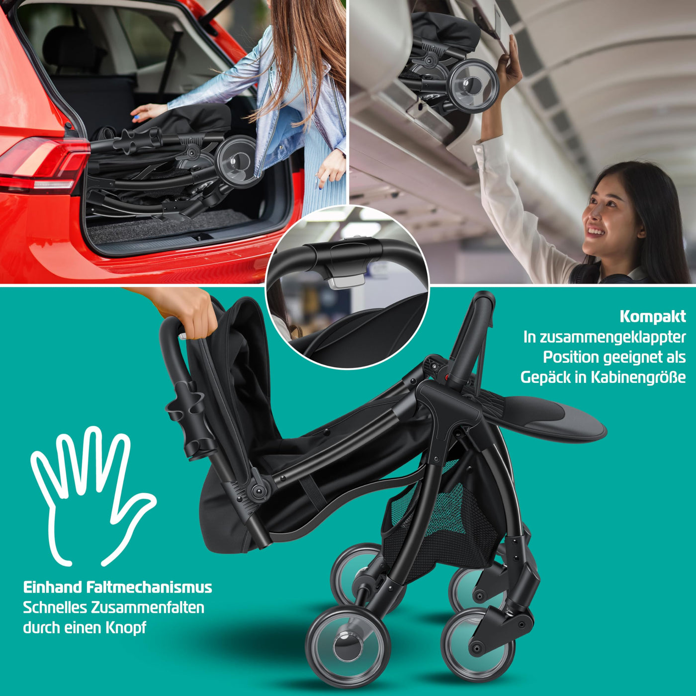 KIDIZ® Kinderwagen Premium Kinderbuggy klappbar Liegebuggy Sportwagen Faltbar 360°Räder 5-Punkt Gurt Inkl. Getränkehalter & Regenabdeckung, verstellbare Rückenlehne & Sonnenverdeck Schwarz