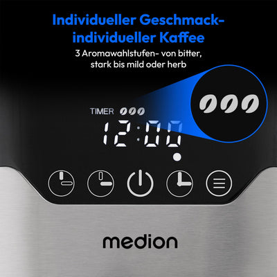 MEDION Kaffeemaschine mit Thermoskanne und Timer (Filtermaschine, 8 Tassen, 1,2 Liter, 900 Watt, 3 Stufen, Warmhaltefunktion, Timer Zeitschaltuhr, Antitropf, Display, MD18458) edelstahl