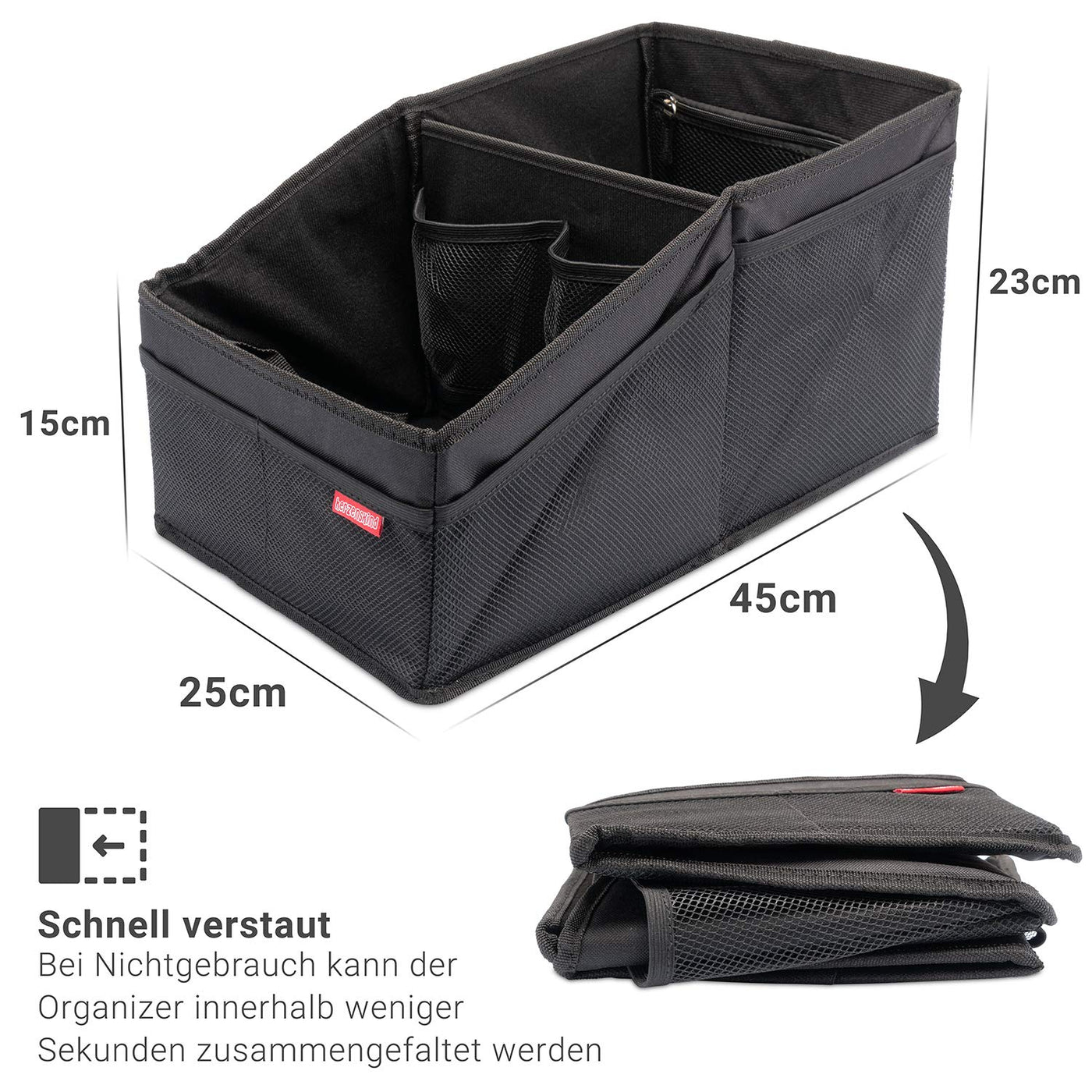 HerzensKind Auto Organizer - die praktische Faltbox für den Rücksitz oder Kofferraum. Aufbewahrungsbox zum Verstauen von Windeln Spielzeug etc. neben dem Kindersitz