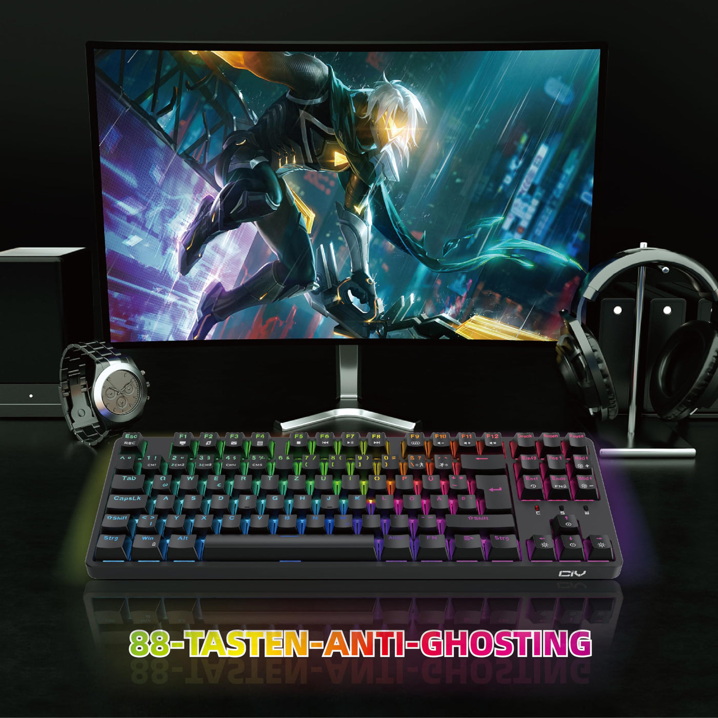 CIY X77 Mechanische Gaming Tastatur丨88 Tastaten QWERTZ Layout丨Programmierbare RGB丨Drei höhenverstellbar丨Typ-C-Kabel丨Hot-Swap-fähige Tastatur für Win/Mac (Schwarz + Roter Schalter)