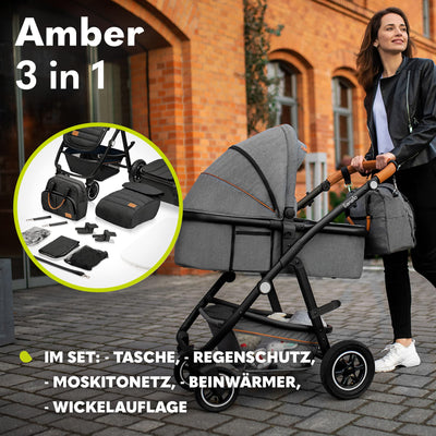 LIONELO Amber Kinderwagen 3 in 1 Kombikinderwagen Set sportlicher Sitz fester Babywanne Autositz Tasche Moskitonetz Regenschutz XXL-Dach mit Sonnenschutz (GRAU GRAFIT)