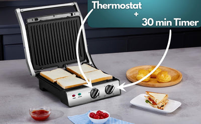 XXL Kontaktgrill abnehmbare Platten | 30 Minuten Timer | Panini Toaster | Sandwichtoaster | elektrischer Tischgrill | Kontaktgrill für Sandwiches, Steak und als Panini grill | Elektro Grill