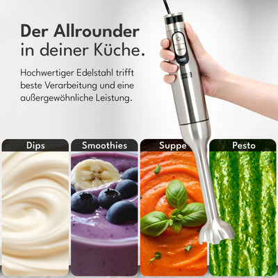 LEBENLANG Premium 1200W Stabmixer Edelstahl - Single & Set Version I Stufenlos verstellbar & Turbo I Elektrische Hand Blender Pürierstab Edelstahl Zauberstab (Stabmixer + Messbecher - 1200W)