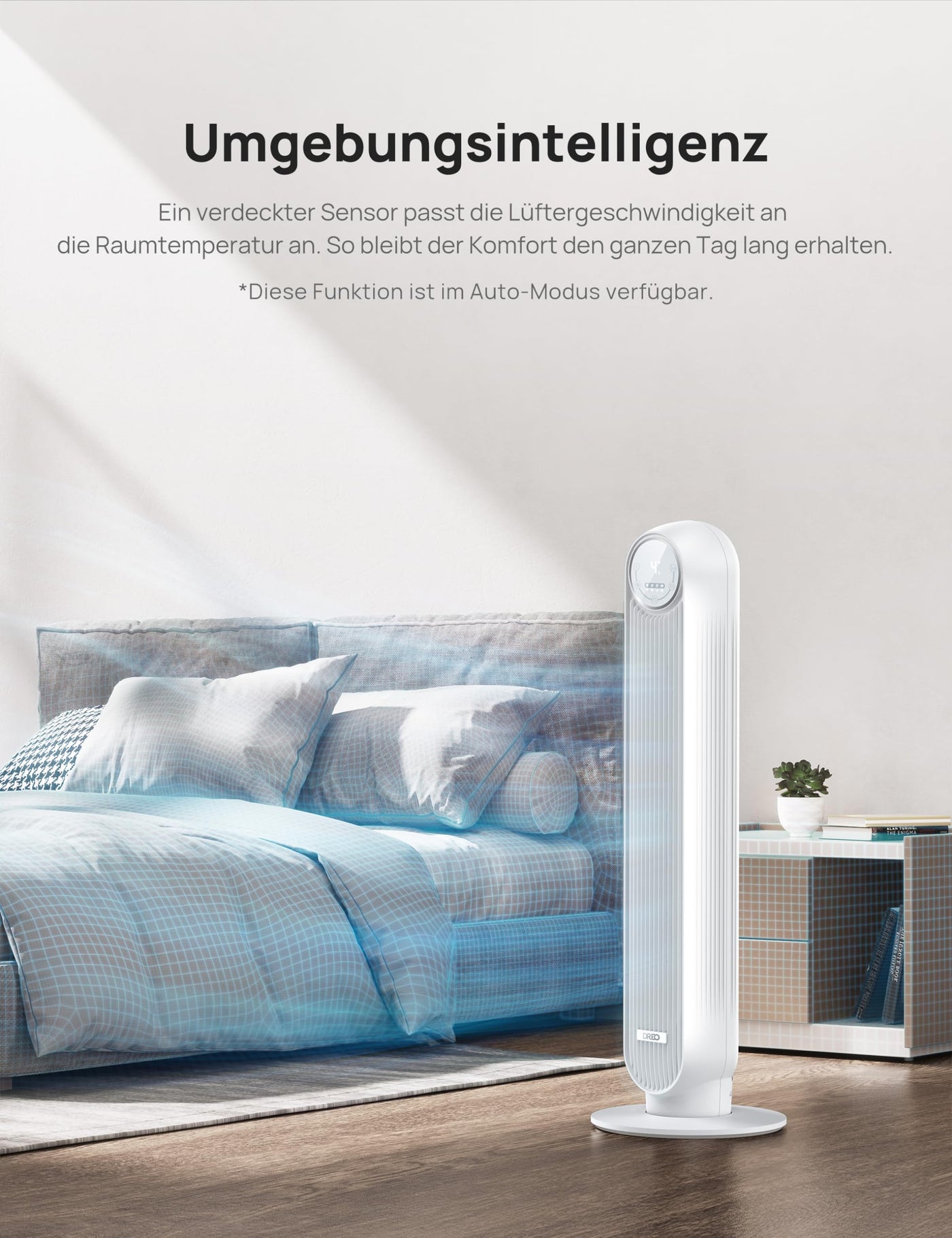 Dreo 28dB Leiser Turmventilator, 7,3m/s Geschwindigkeit 4 Geschwindigstufen 4 Modi 8 Std. Timer 90° oszillierende Ventilatoren mit Kühlung Fernbedienung für Schlafzimmer, Nomad One,Weiß