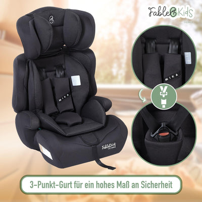 FableKids Kinderautositz | 3-Punkt-Sicherheitsgurt | Autokindersitz ab 15 M. | Autositz für Kinder 76-150 cm | Kindersitz einstellbare Kopfstütze | ECE R129/03 | Verstellbar 44,5x41x68-75cm | Schwarz