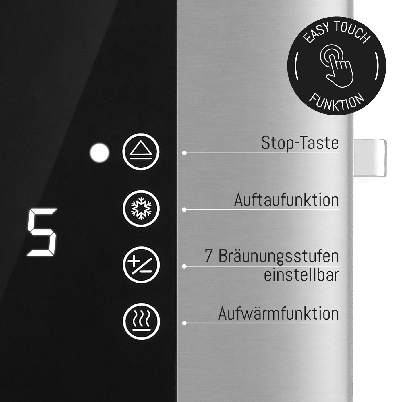 LEBENLANG Langschlitz Toaster 4 Scheiben mit Brötchenaufsatz - Touchscreen LED Display & 7 Stufen I 1400W 4er Langschlitztoaster Edelstahl Gebürstet I Smart Touch Toster für große Toastscheiben xxl