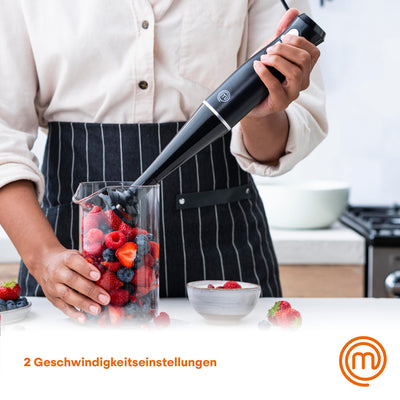 MasterChef Stabmixer, Pürierstab mit Spritzschutz, Zauberstab Küchengerät, Elektrische Mixstab Hand Blender mit 2 Geschwindigkeiten, Eintauchfunktion, Spülmaschinenfeste Komponenten, 200W, Schwarz