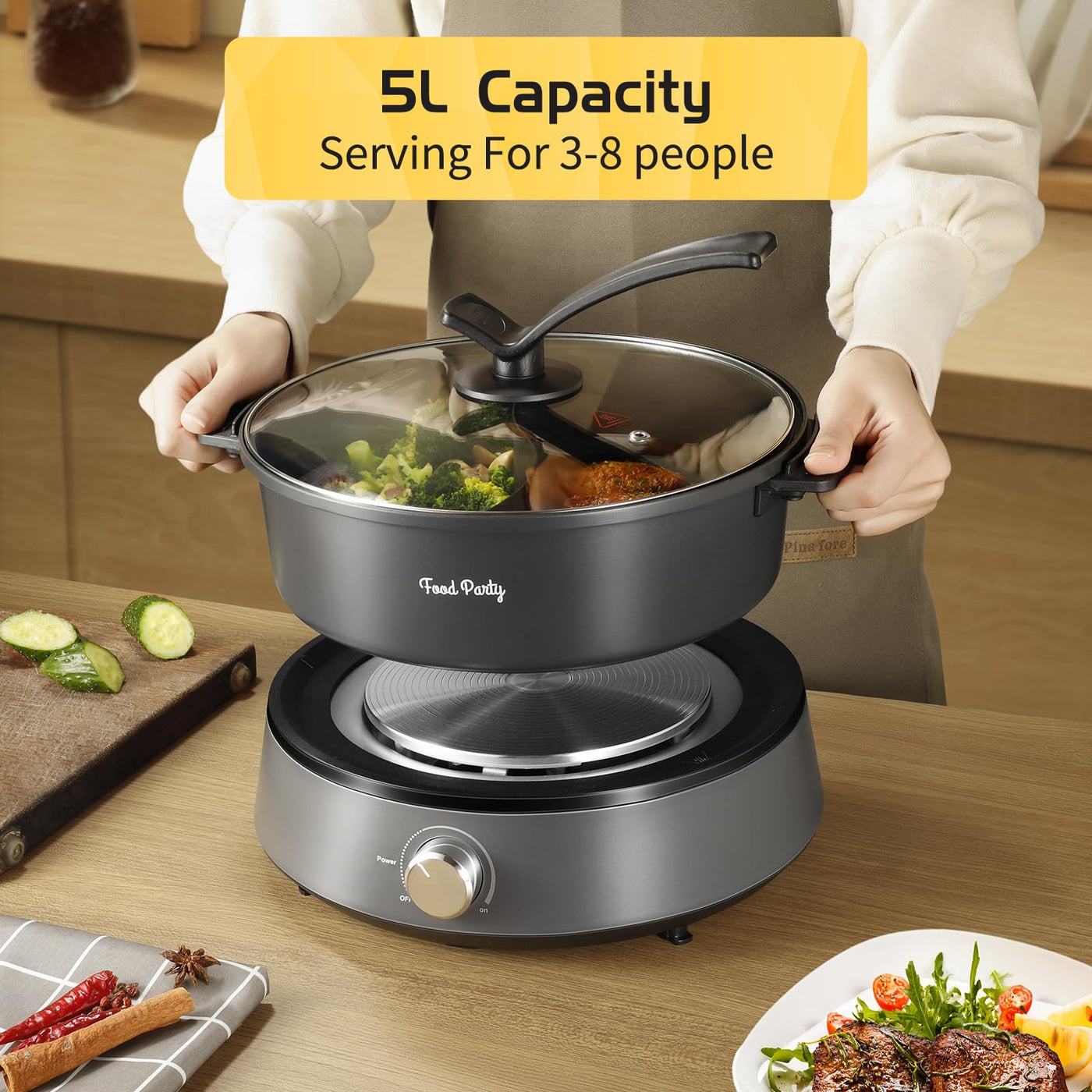 Food Party Hot Pot Elektrisch 4L Aktualisiert Hotpot Topf Doppelseitig Trennbarer Kochtopf 220V 1350W Electric Hot Pot Fondue für 6 Personen (Hot Pot mit Trennwand)