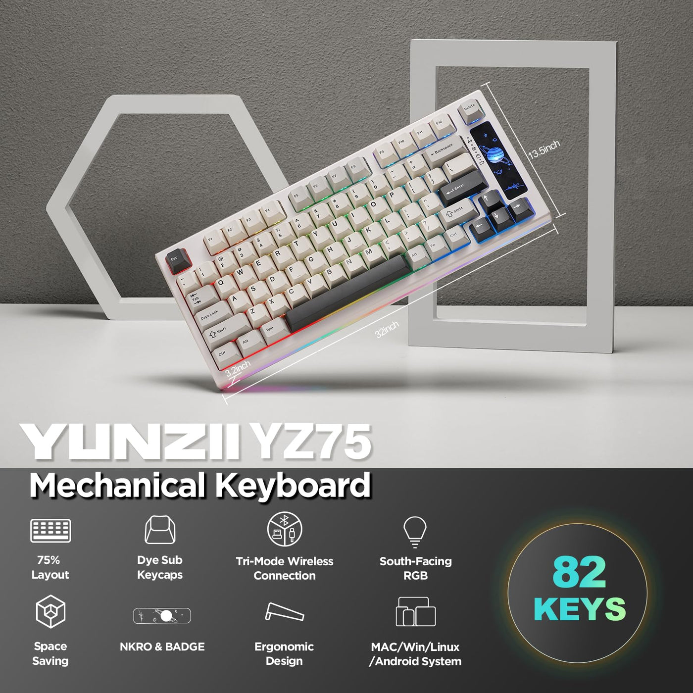 Clavier mécanique de jeu sans fil YUNZII YZ75 75 % remplaçable à chaud, rétroéclairage RVB, BT5.0/2.4G/USB-C, touches PBT à double injection pour Linux/Win/Mac (Gateron G Pro marron, blanc)