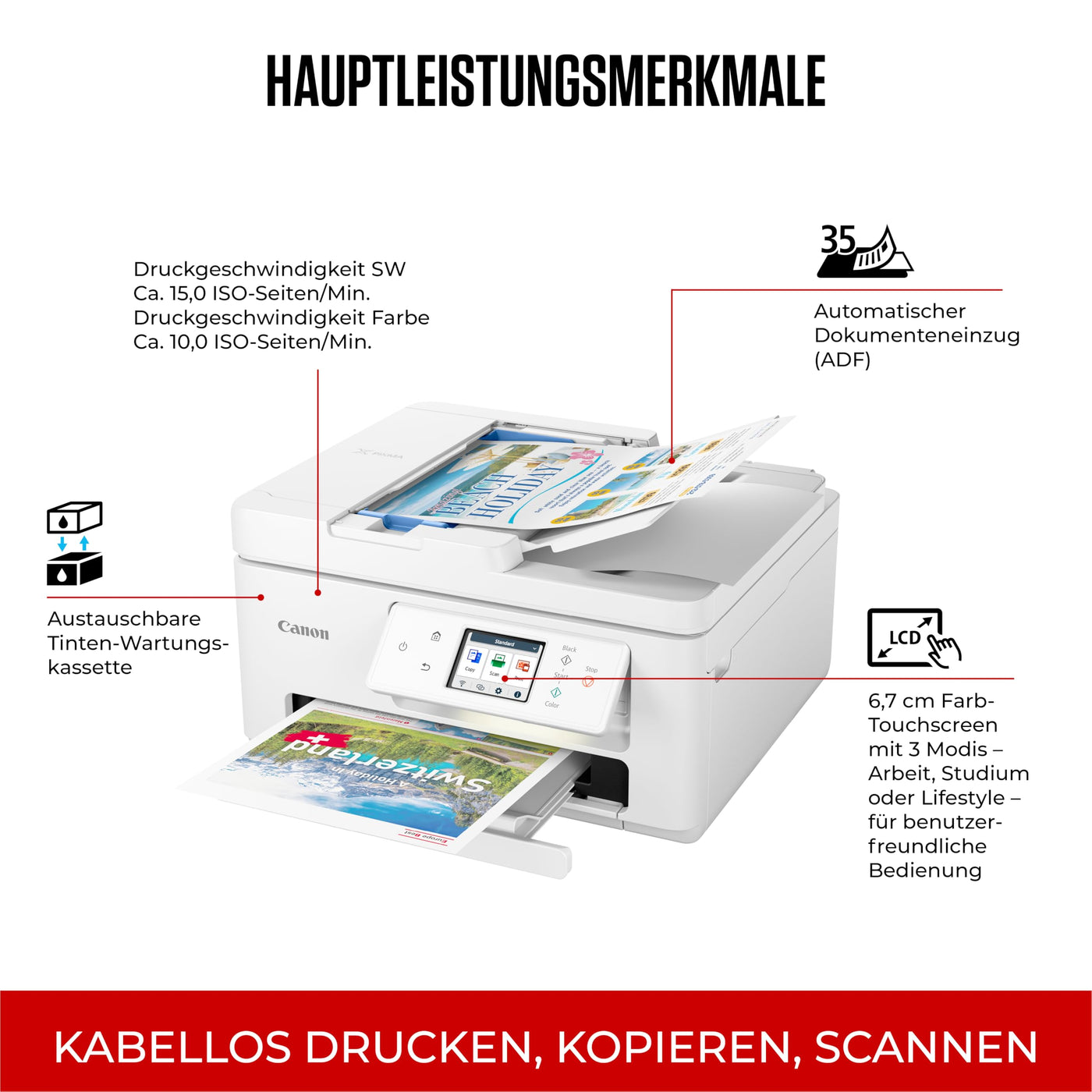 Canon PIXMA TS7750i Multifunktionsdrucker 4in1 (Tintenstrahl,Drucken, Kopieren, Scannen,Faxen, A4, 6,7 cm Touch, WLAN, 35 Blatt ADF, 2 Papierzuführungen, kompatibel mit Pixma Print Plan "Abo") Weiß