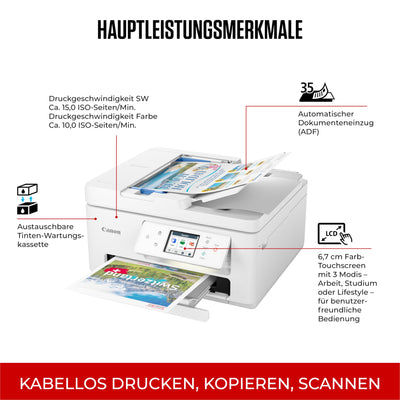 Canon PIXMA TS7750i Multifunktionsdrucker 4in1 (Tintenstrahl,Drucken, Kopieren, Scannen,Faxen, A4, 6,7 cm Touch, WLAN, 35 Blatt ADF, 2 Papierzuführungen, kompatibel mit Pixma Print Plan "Abo") Weiß