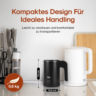 LEBENLANG Reise Wasserkocher Edelstahl Klein 0 5 Liter & BPA-Frei - Reisewasserkocher 600W Energiesparend Energieeffizienz - Mini Camping Kettle Schwarz 0.5 0,5 l