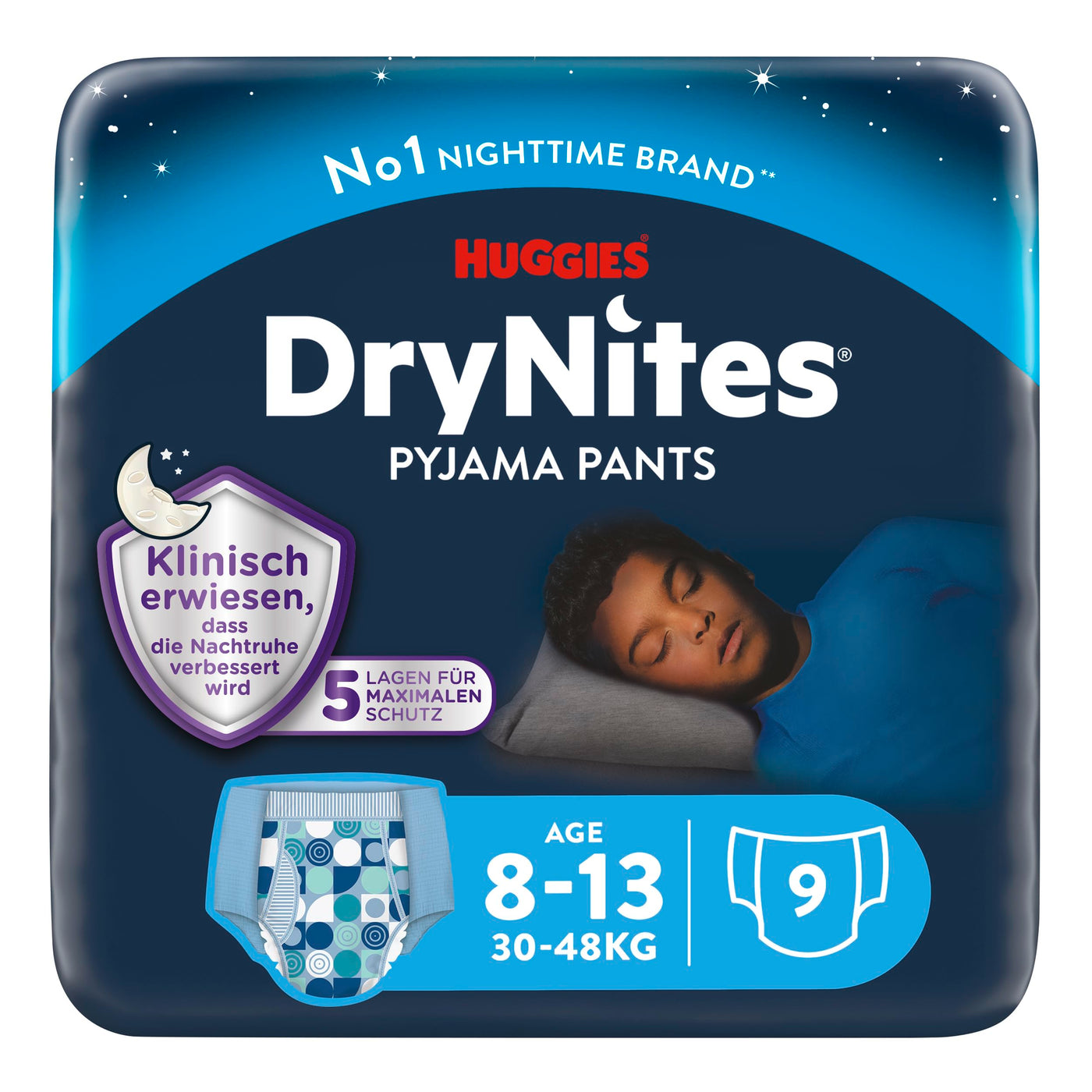 Huggies DryNites hochabsorbierende Nachtwindeln bei Bettnässen, für Jungen 8-13 Jahre (30-48 kg), 9 Stück, Windel-Pants