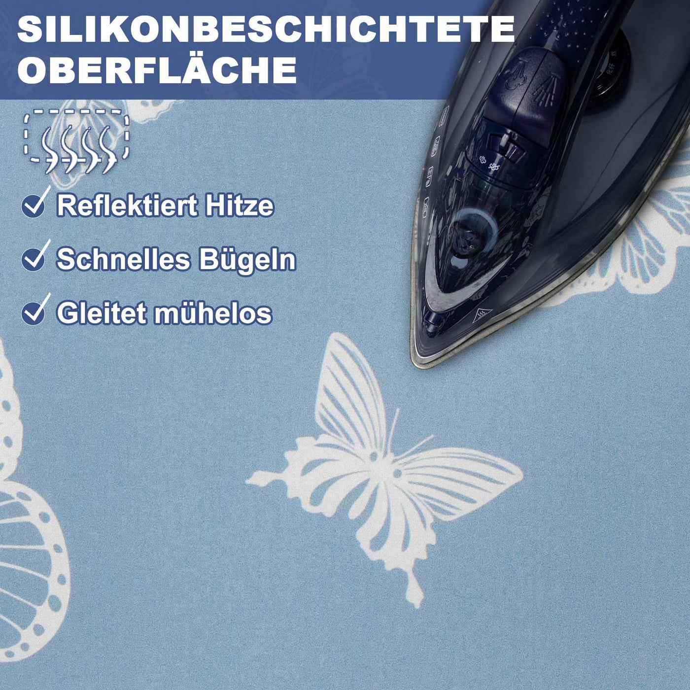 Frilodge Bügeltischbezug mit Dicker Polsterung 120x40, Rundum-Elastikband, Klettverschlüsse, passend für Bügeltische 125x45, ideal für Dampfbügelstationen Ironing Board Cover (Blue (Butterfly)