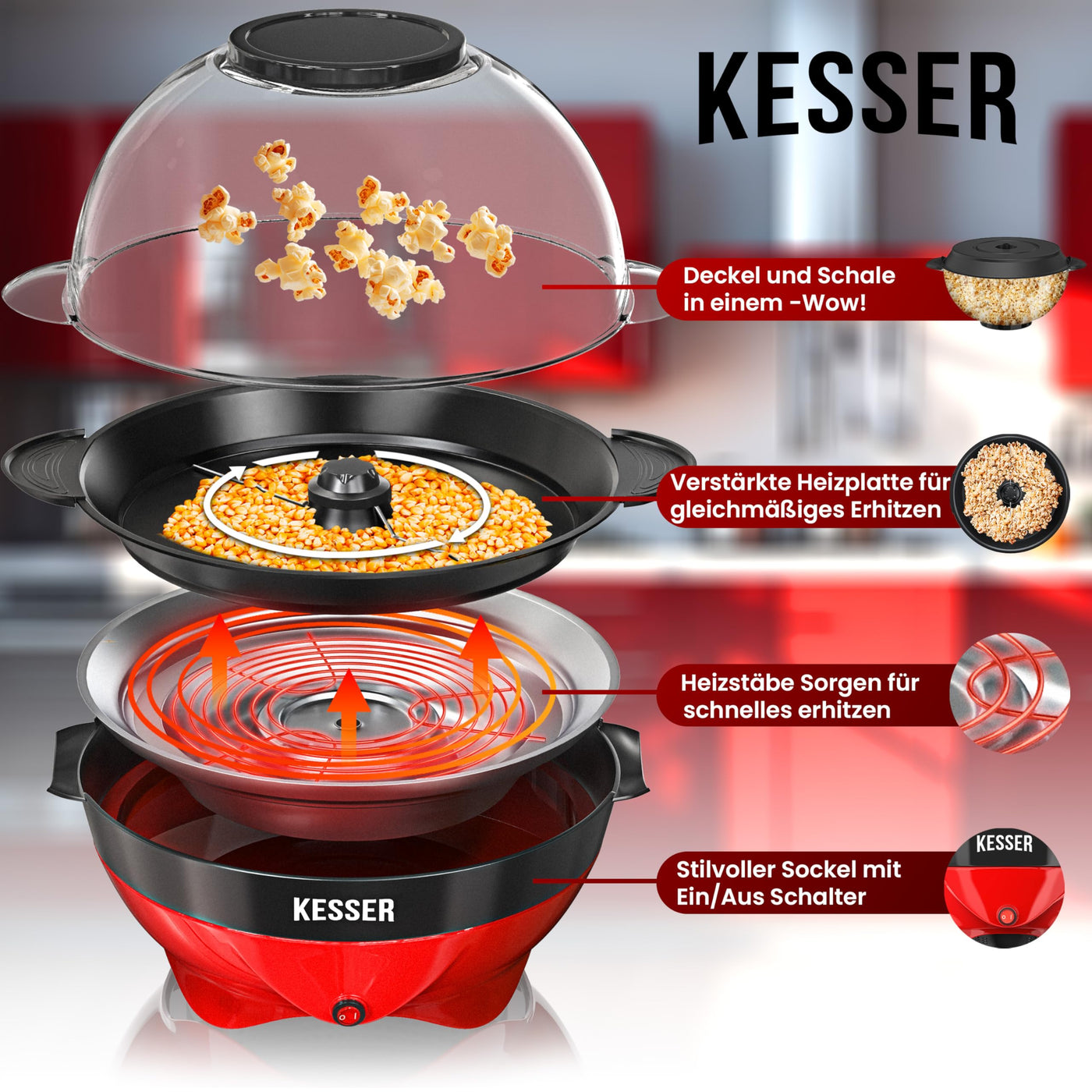 KESSER® Popcornmaschine Groß 800W | Popcorn-Maker 5,5l Inhalt mit Antihaftbeschichtung Deckel & Servierschale | für Öl Butter Zucker Stille & Schnelle inkl. abnehmbarer Heizfläche