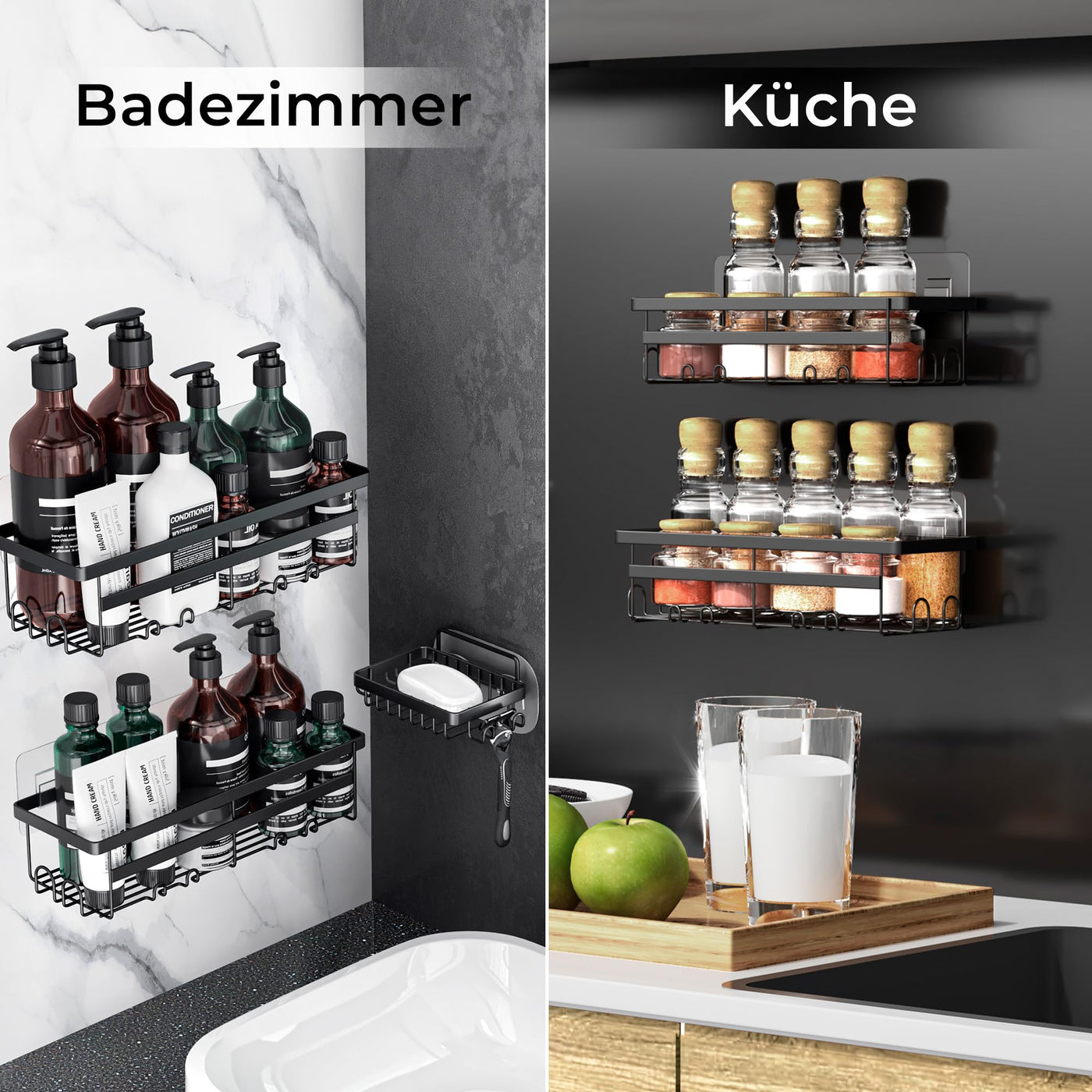 W&S Duschregal 3er Set - Duschablage Badablage ohne Bohren Edelstahl | 2 Badregale + 1 Seifenablage Rostfrei Rutschfest Badezimmer Shower Caddy Duschkorb mit Magic Sticker Shampoo Halterung Organizer