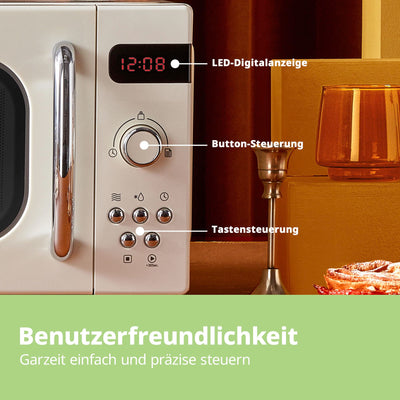 Comfee CMSRO 20 di cr Mikrowelle im Retro-Stil / Retro-Mikrowellenherd mit 8 Auto-Menüs, 5 Kochleistungsstufen, Express-Kochtaste,Express-Kochtaste, 20L, 800W, Apricot Cream