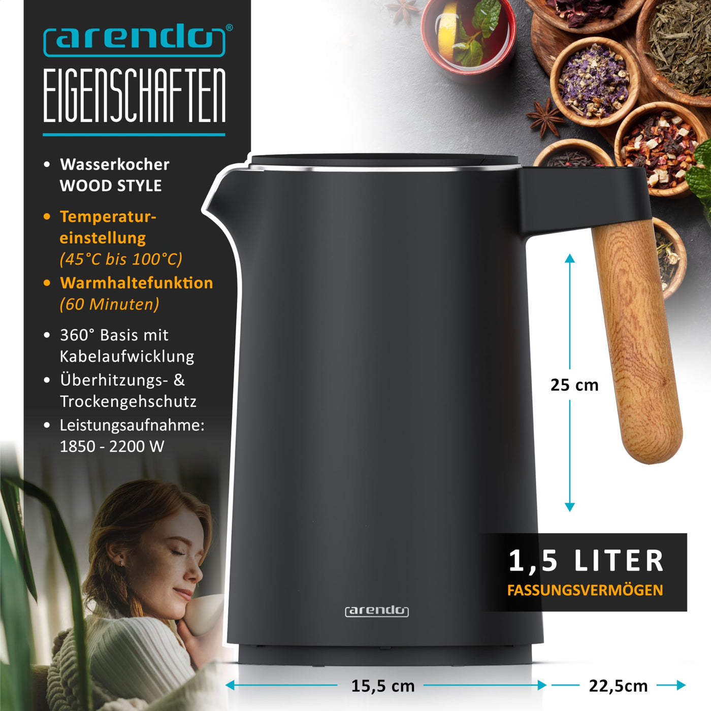 Arendo - Wasserkocher Edelstahl mit Temperatureinstellung - 45°C-100°C - 1.5 Liter - Doppelwand - BPA frei - Warmhaltefunktion - Teekocher mit Temperaturanzeige - Griff Cool Touch - Schwarz