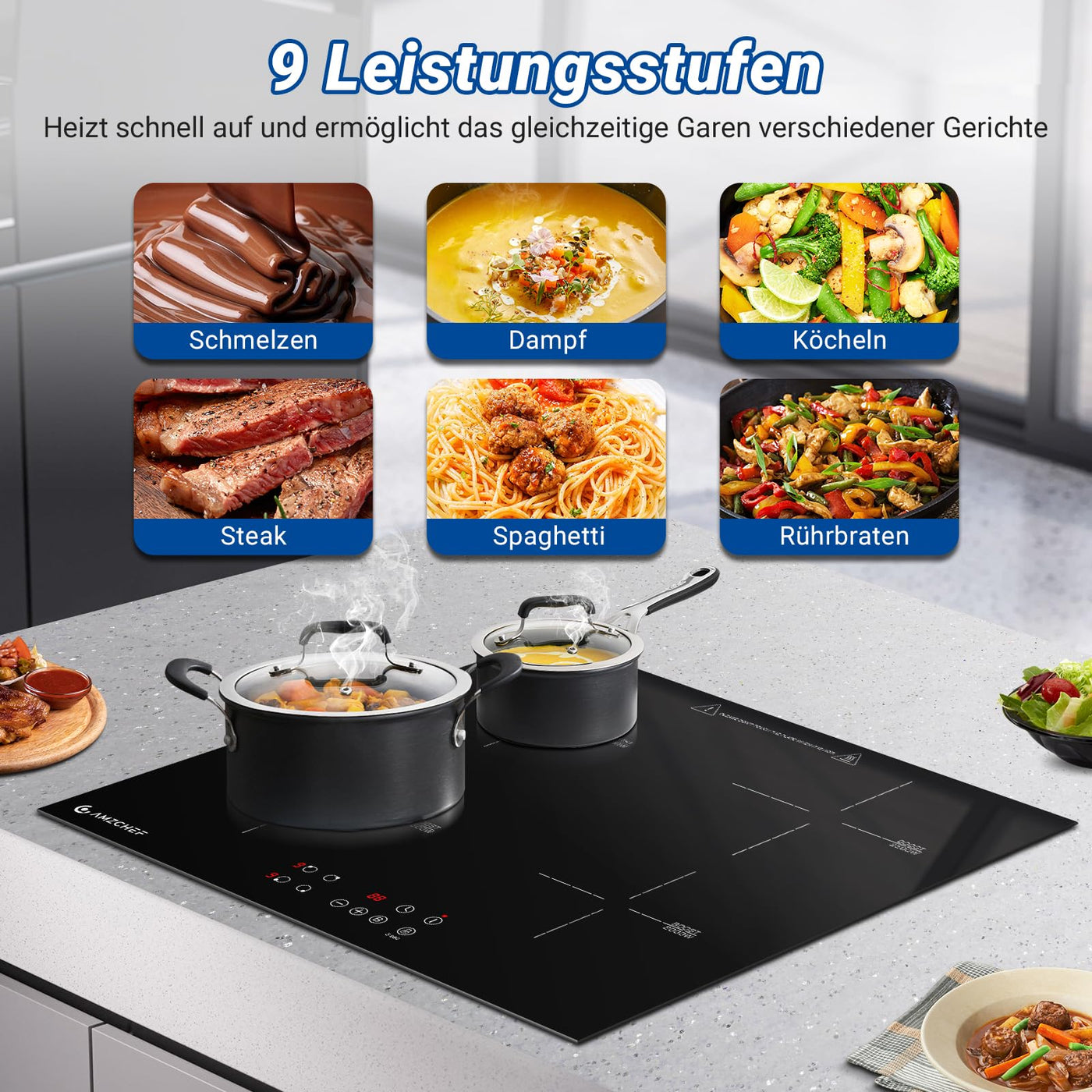 AMZCHEF Induktionskochfeld 60cm, 4 Platten Induktionskochfeld | Einbau Induktionskochplatte | Boost-Funktion | 9 Leistungsstufen | Sicherheitsschloss | Touch-Bedienung | Zeitschaltuhr | 7200W