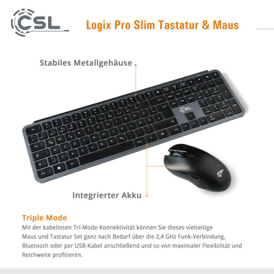 CSL Logix Pro - Tastatur Maus Set kabellos in schwarz mit QWERTZ Layout bestehend aus Funktastatur, Funk Maus, USB Nano Empfänger und USB Ladekabel, perfekt für Office PC, Laptop, Multimedia Computer