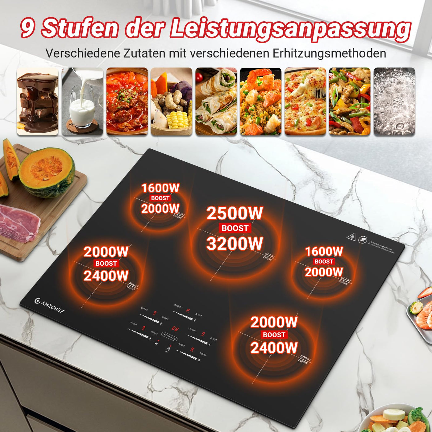 AMZCHEF Induktionskochfeld 80cm, Einbau Induktionskochplatte 5 Zonen mit Booster und 9 Stufen, Pausenfunktion, Warmhalten, Slider-Steuerung, Timer, Sicherheitsschloss, 9500W