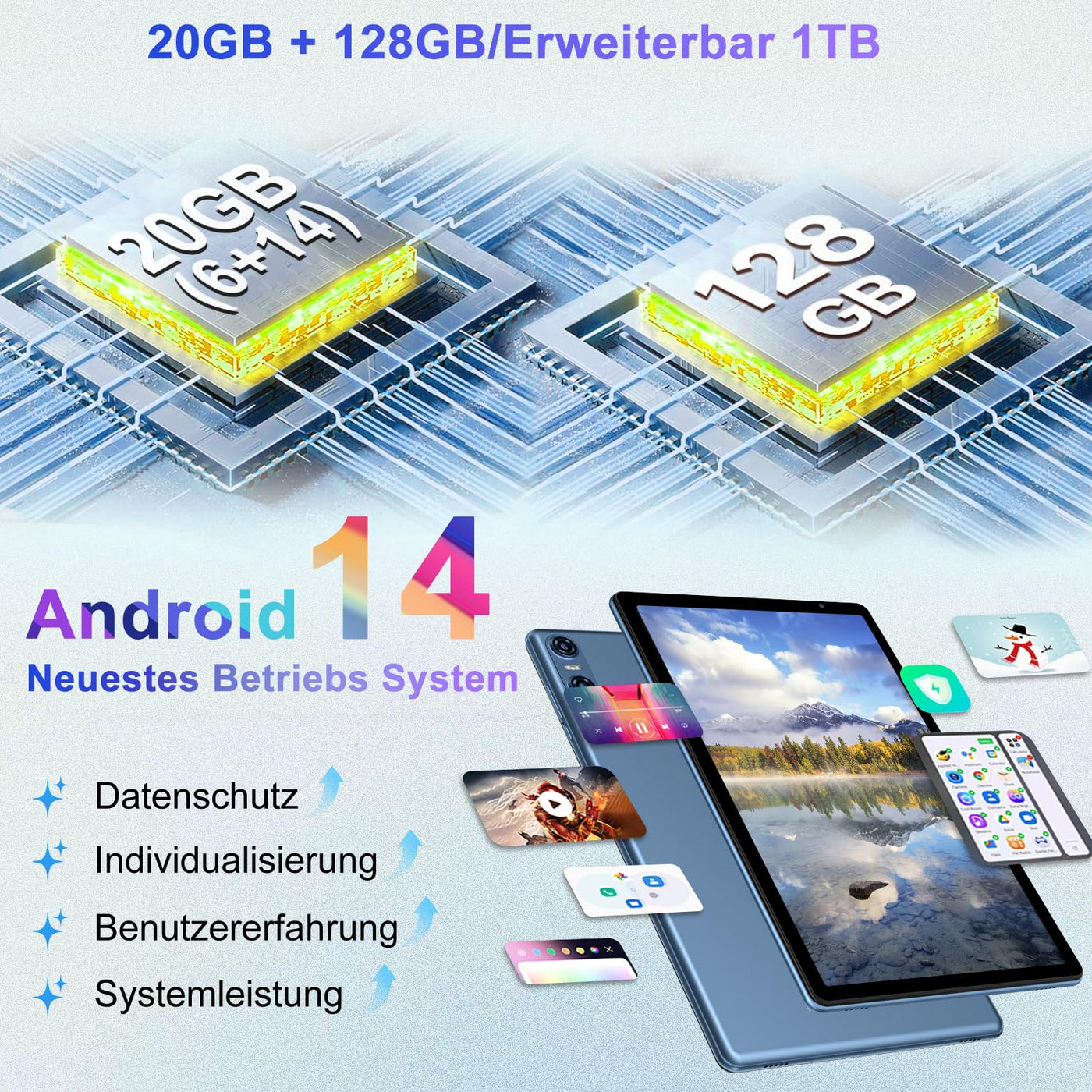 Biegedy Tablet 10 Zoll Android 14 Octa-Core, 2024 Newest Tablet PC 20 GB RAM+128 GB ROM (TF1 TB),5G WLAN 6丨Widevine L1丨GMS丨6000mAh丨5+8MP丨Bluetooth5.0丨1280 * 800丨Tablet mit Tastatur Maus Blau