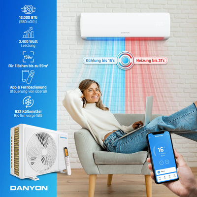 Danyon Klimaanlage Split - 12000 BTU - 3,4 kW, Selbstreinigung, leise, Smart Home, Inverter Klimagerät mit Heizfunktion, Splitgerät vorgefüllt mit R32 Kältemittel, Timer, bis 59 m2, 5m Komplettset