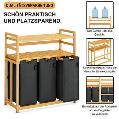 AdelDream Wäschekorb 150L 3 Fächer 2 Regale ausziehbarer und abnehmbarer Wäschesack Wäschesammler Bambusrahmen Wäscheboxen laundry baskets Wäschesortierer Bambus