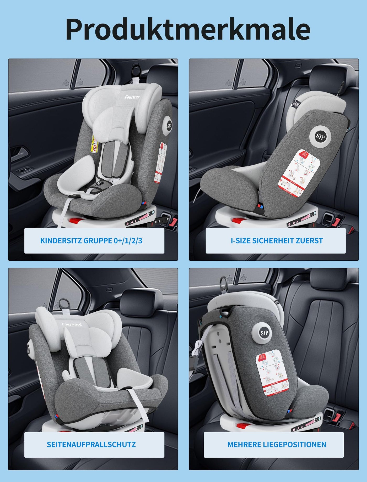 Fourward Baby Autositz 360° drehbar | ISOFIX | Ruheposition | Gruppe 0+1/2/3 | 9-36 kg | Kindersitz mit 5-Punkt-Sicherheitsgurt | Komfortabler Kinderautositz | Hohe Sicherheit | Einfache Installation