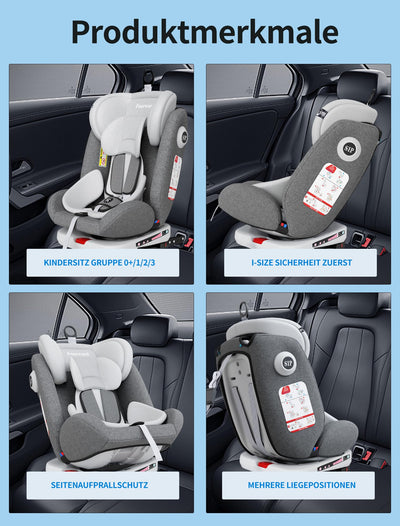 Fourward Baby Autositz 360° drehbar | ISOFIX | Ruheposition | Gruppe 0+1/2/3 | 9-36 kg | Kindersitz mit 5-Punkt-Sicherheitsgurt | Komfortabler Kinderautositz | Hohe Sicherheit | Einfache Installation