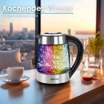 Glas Wasserkocher 1,7 Liter | 2200 Watt | Edelstahl mit Temperaturwahl | Teekocher | 100% BPA FREI | Warmhaltefunktion | LED Beleuchtung im Farbwechsel | Temperatureinstellung (40°C-100°C)