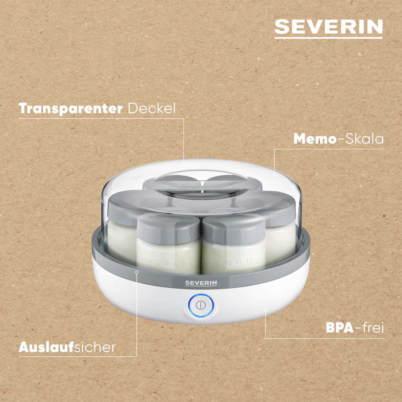SEVERIN Joghurtbereiter, Joghurtmaschine mit Zeitanzeige zum Herstellen von selbstgemachtem und veganem Joghurt, enthält 14 Joghurtgläser mit Deckel aus Glas, BPA-frei, JG 3520