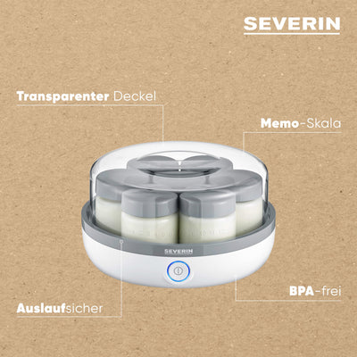 SEVERIN Joghurtbereiter, Joghurtmaschine mit Zeitanzeige zum Herstellen von selbstgemachtem und veganem Joghurt, enthält 14 Joghurtgläser mit Deckel aus Glas, BPA-frei, JG 3520