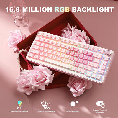 YUNZII B75 PRO Drahtlose Mechanische Tastatur, 75% Gaming Tastatur Dichtung Hot Swap Custom Tastatur mit Knopf, Vorgeschmierte Schalter RGB, Tri-Mode Tastatur (Pink, Cocoa Cream V2 Switch)