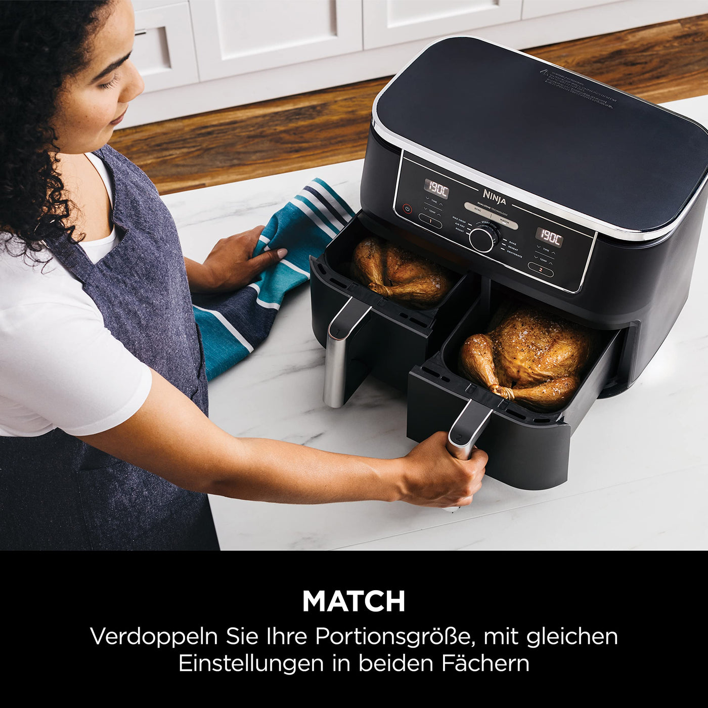 Ninja Foodi MAX Dual Zone Digitale Heißluftfritteuse, 9,5L Airfryer, 2 Fächer, Antihaftbeschichtung, spülmaschinenfeste Körbe, 6-in-1, 8 Portionen, Schwarz AF400EU