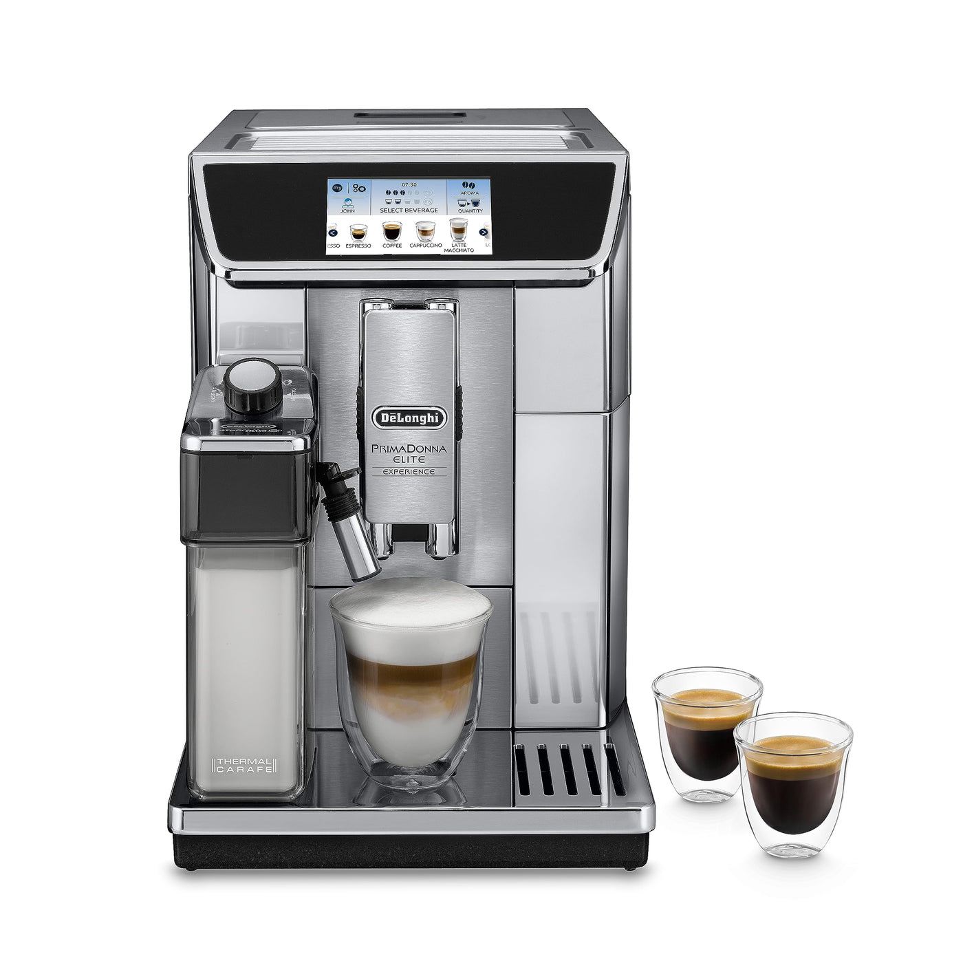 De'Longhi PrimaDonna Elite Experience ECAM 656.85.MS Kaffeevollautomat mit LatteCrema Milchsystem, Cappuccino, 4,3 Zoll Farbdisplay, App-Steuerung, Trinkschokoladenfunktion, Edelstahlfront, silber