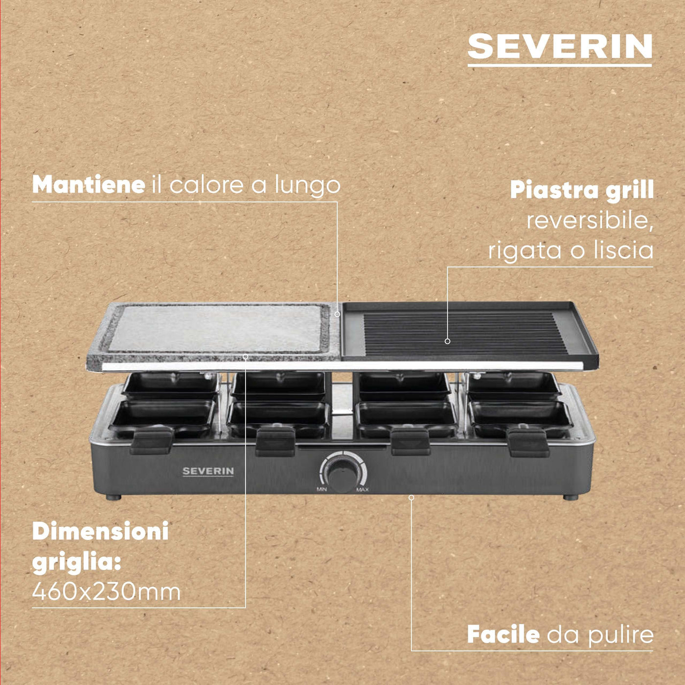 SEVERIN Raclette-Grill mit Naturgrillstein und Grillplatte, Raclette mit antihaftbeschichteter Grillplatte und 8 Pfännchen, Tischgrill für 8 Personen, max. 1300 W, schwarz, RG 2371