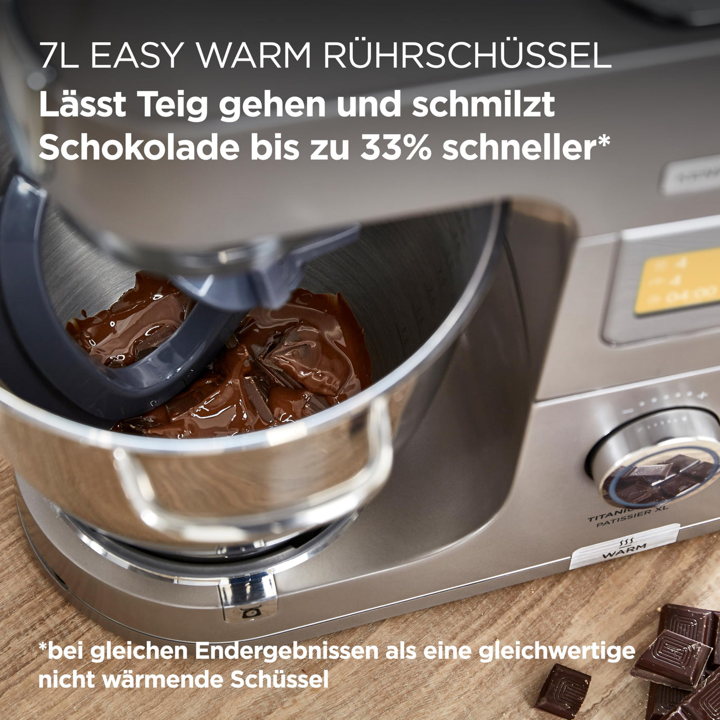 Kenwood Titanium Chef Patissier XL KWL90.034SI – Küchenmaschine mit integrierter Waage & 7 L Rührschüssel mit Wärmefunktion, 1400 Watt, inkl. 4-teiligem Patisserie-Set, silber