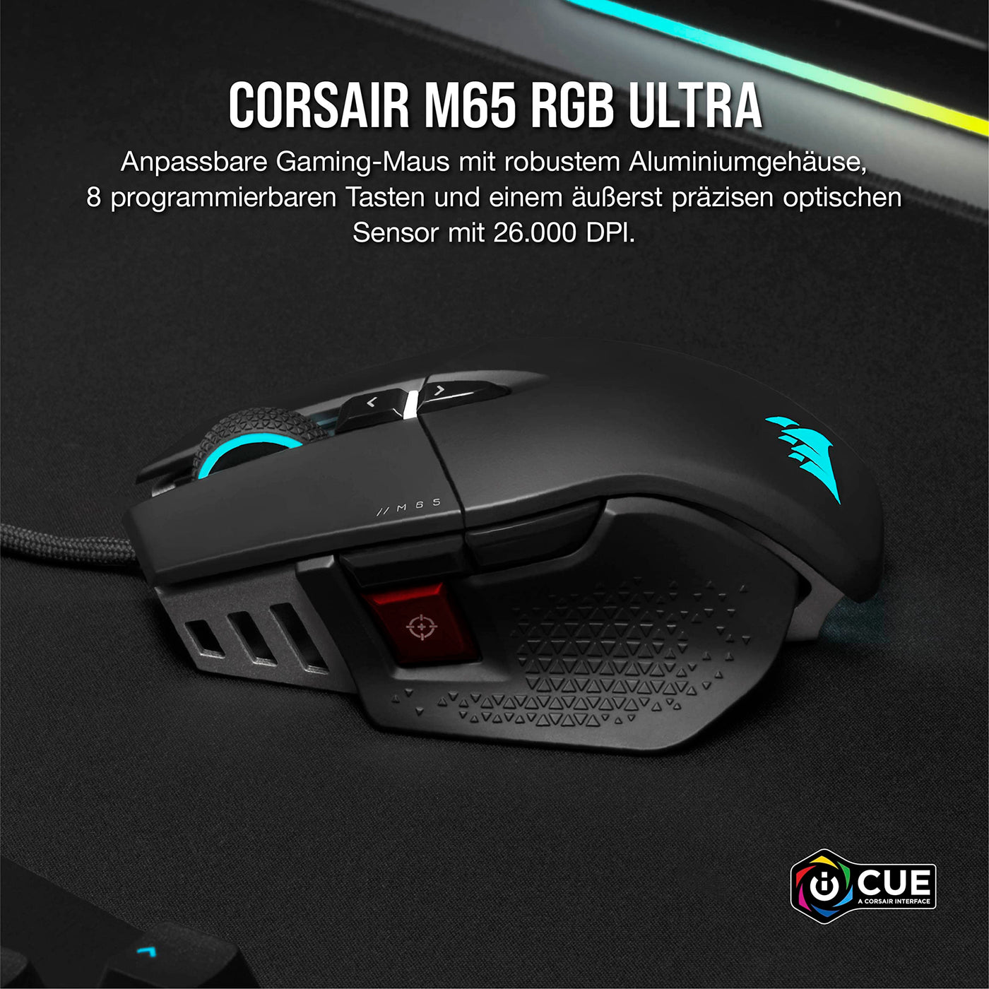 CORSAIR M65 RGB ULTRA Wired Tunable FPS Gaming Mouse - 26.000 DPI - Optische Schalter - Gewichtssystem - AXON Hyper-Processing-Technologie - iCUE-Kompatibel - PC, Mac, PS5, PS4, Xbox - Schwarz