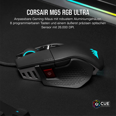 CORSAIR M65 RGB ULTRA Wired Tunable FPS Gaming Mouse - 26.000 DPI - Optische Schalter - Gewichtssystem - AXON Hyper-Processing-Technologie - iCUE-Kompatibel - PC, Mac, PS5, PS4, Xbox - Schwarz